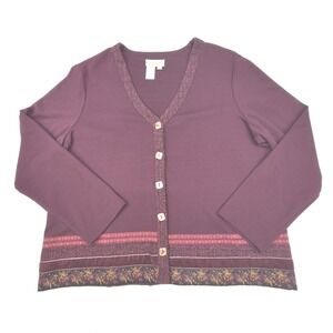 Coldwater Creek Cardigan Womens Large Petite Purple Tapestry‎ Border Classic
